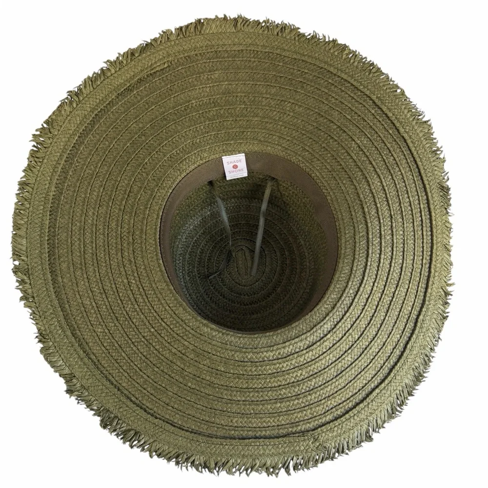 Olive‎ Green Shade & Shore brand fringe straw sun hat.